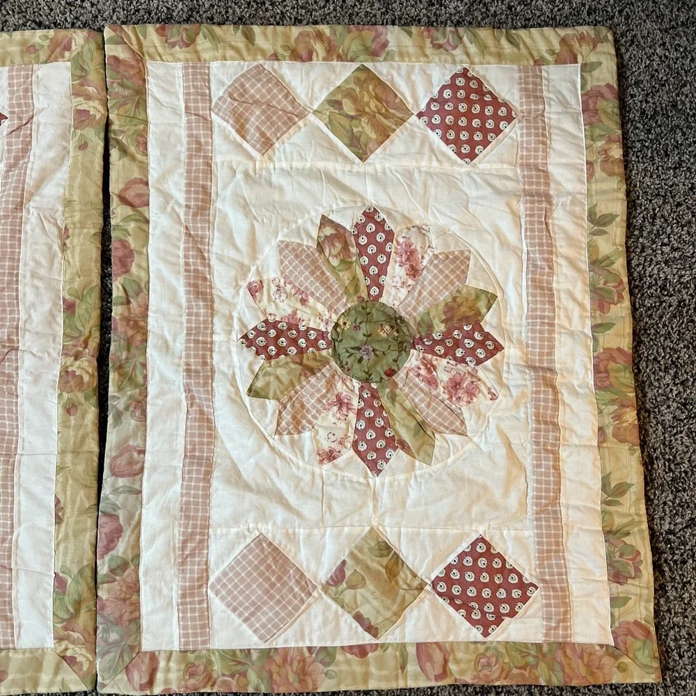 2 Vintage quilted twin size pillow shams‎ pink Green, White Floral & Plaid